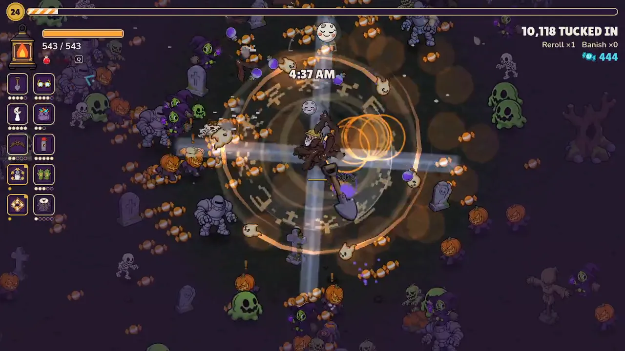 Late in the night: four moonbeams and a ring of fire carve through a huge crowd of skeletons and ghosts.