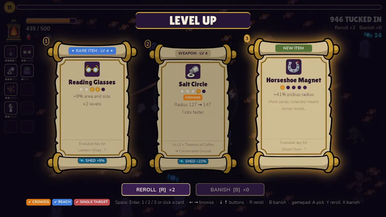 The level-up screen: three upgrade cards to choose from.