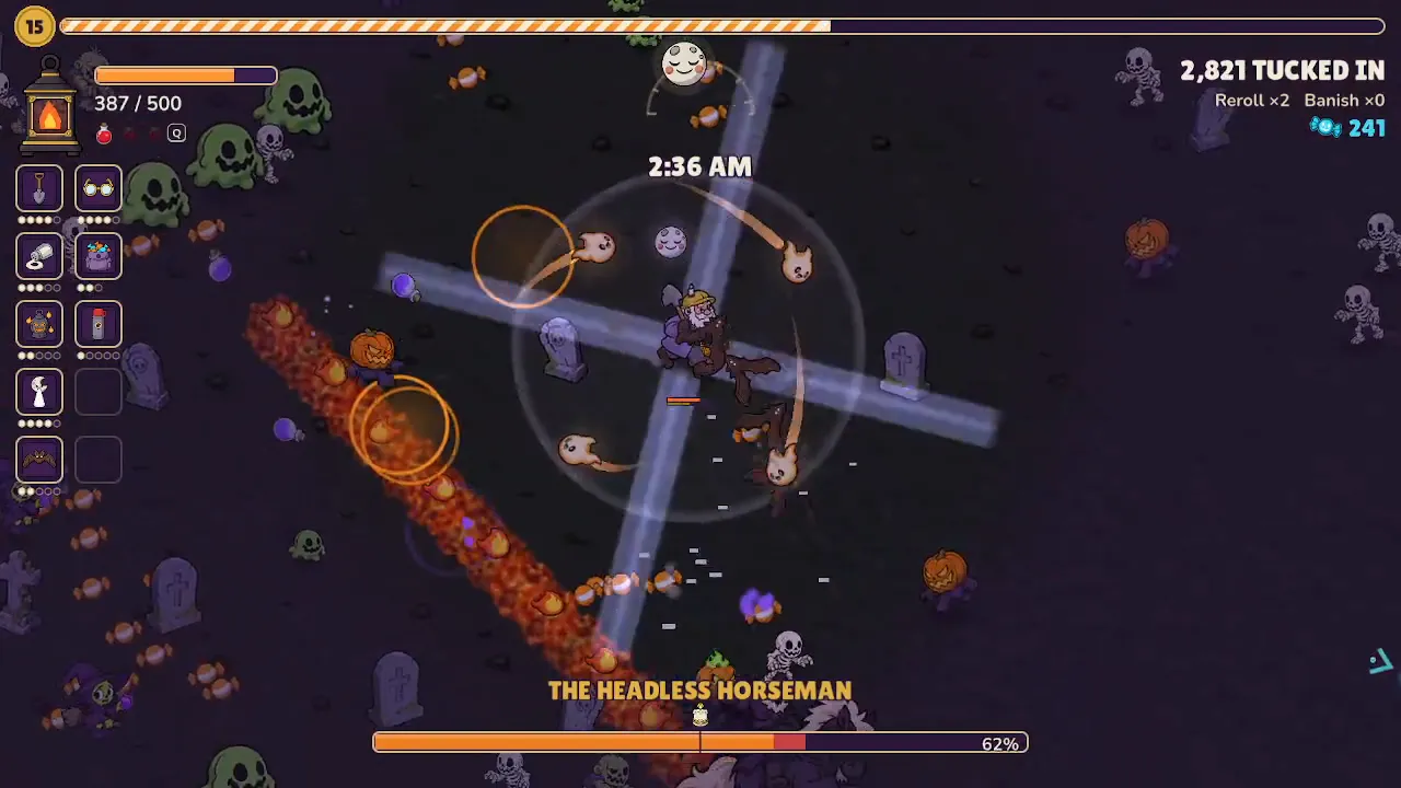 The Headless Horseman charges through the graveyard, leaving a trail of fire.